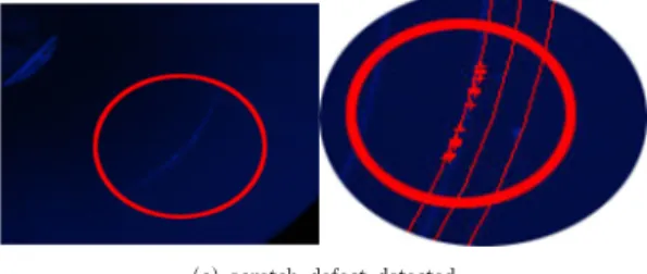 Fig.  11(a)와  같이  oxide  흔적  결함이  있는  시편  내면 을  전자내시경으로부터  capture한  image을  자동결함검 사  소프트웨어에  의하여  Fig