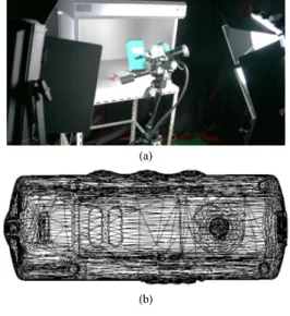Figure 7 shows our calibration pattern for estimating  the camera focal length. Figure 7 (a) is a real  photographical image and Figure 7 (b) is the reconstructed  image using the camera inner parameters estimated from  Figure 7 (a)