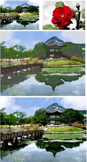 Fig. 7 동일 입력영상에 다른 특징의 수묵담채화 영상 을 예제로 사용하였을 때의 결과이다.  특징이 다른 수묵  담채화 예제 영상에 따라 본 알고리즘은 동일 시스템으 로 다양한 결과를 손쉽게 만들어 낼 수 있음을 보여준다