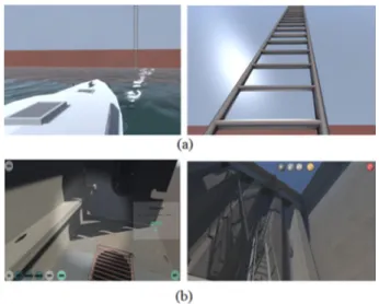 Fig.  10  Training  modules  of  the  survey  simulator  ((a)  transport  boat  moving  and  ladder  climbing,  (b)  lantern  lighting  and  hold  exploration)