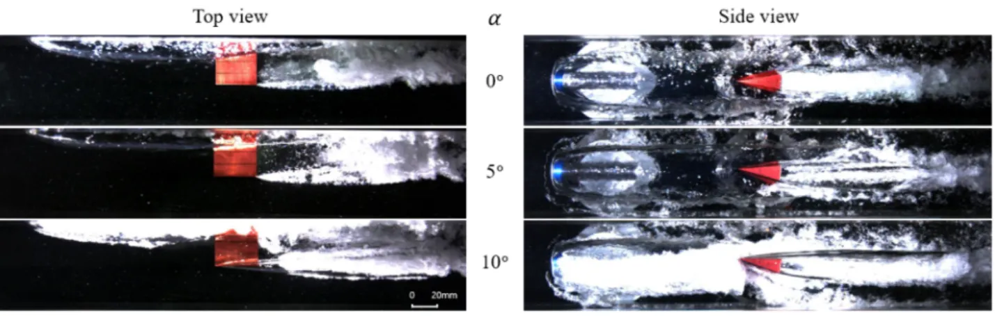 Fig.  12  Comparison  of  the  artificial  supercavitation  at  different  angle  of  attack  of  control  fin  (TR=1.0)