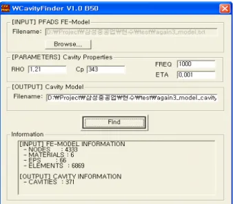Fig.  2  Cavity-finder  module 3.4 해석기 본  프로그램은  진동해석을  위한  파워흐름유한요소법,  소음해 석을  위한  파워흐름경계요소법,  그리고  진동소음  연성관계식을  이용하여  구조물에서의  진동  에너지,  관심  영역에서의  소음에너 지를 해석한다
