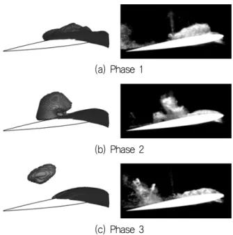 Fig.  11  Cavity  shedding  cycle  -  view  from  the  side  of  the      mid-span  plane    (left:  SNUFOAM,  right:  data) 응용분야가 다양한 날개에 대해 공동현상을 계산하였다