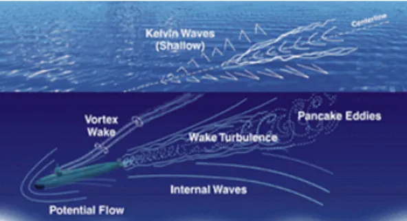 Fig.  1  Hydrodynamic  signature  of  submarine  (http://www.fas.org/nuke/guide/usa/slbm/ss  bn-secure.htm)  흔적,  지자기  왜곡,  난류강도  등의  변화가  일어난 다