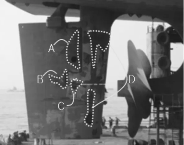 Fig.  1  Damages  caused  by  cavitations  on  the  surface  of  a  horn-type  rudder