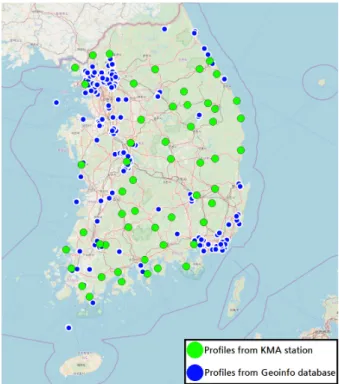 Fig. 1. Location of V S  profiles collected1.  서  론암반은 심층에서 천층으로 갈수록 낮은 압력,  절리 등에 의해 낮은 전단파속도(VS)를 갖는다