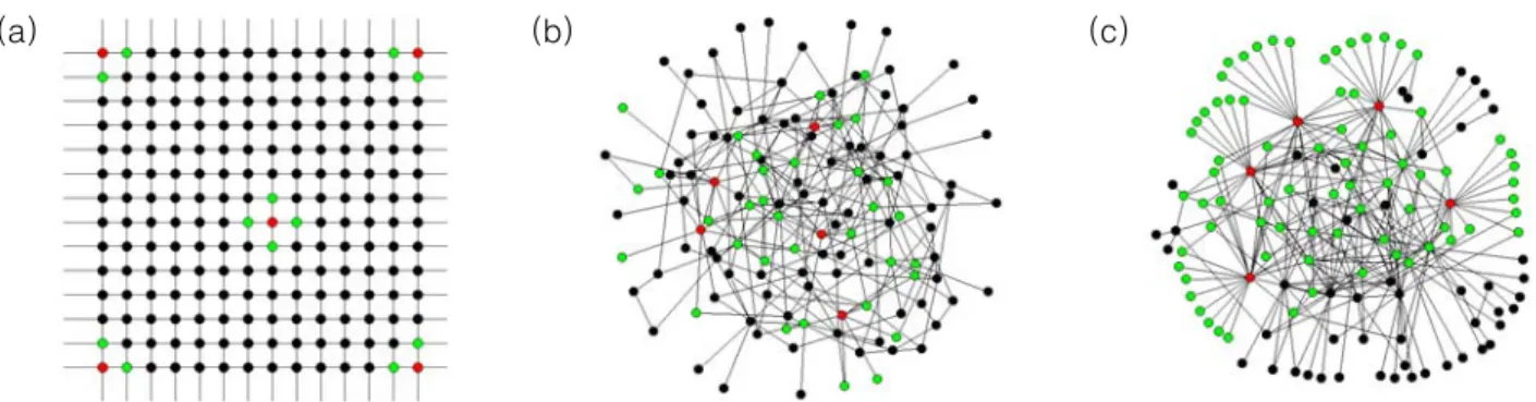 그림  1.  네트워크의  여러  유형  (a)  regular  lattice  (b)  Erdos-Renyi  random  network  (c)  Barabasi-Albert  scale-free  network.