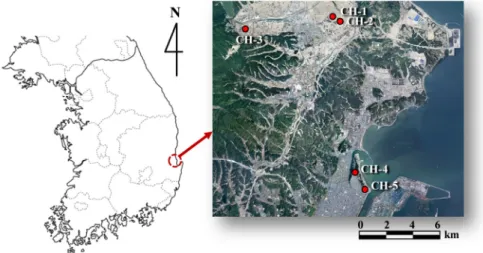Fig. 3. Study area with five site investigation locations Table 2. Summary of laboratory test and CPT results