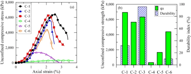 Fig. 10. Results of unconfined compression and durability tests using adjusted casein