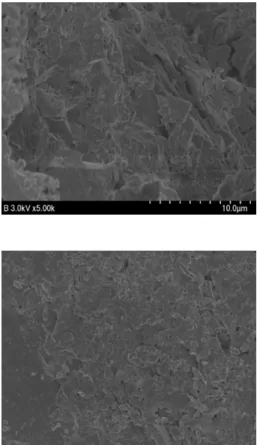 Fig.  2.  SEM  photographs  of  the  specimens  at  ×5000  magnification  and  result  of  XRD  analysis  (a)  Red  shale  1,  (b)  Red  shale  2,  (c)  Mudstone 1 (d) Mudstone 2