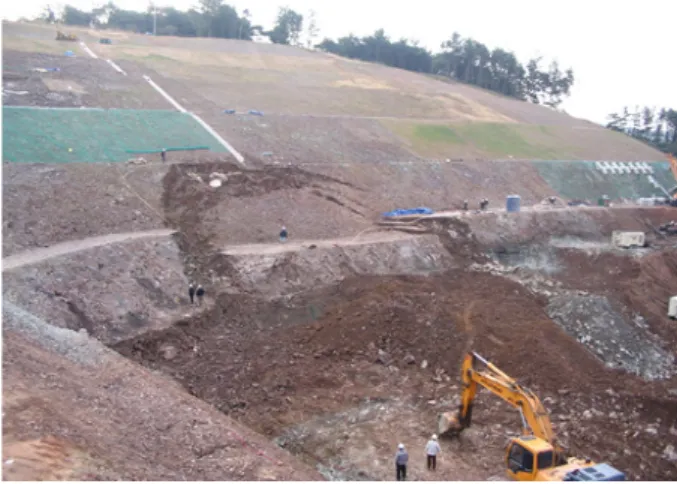 Fig. 2. slope failure in cut slope of rail road감소하며,  쌍곡선법(hyperbolic law)으로 임의 시간의 역학적 특성을 구할 수 있는 식 (4)를 제안하였다(Sandrone and Labious, 2010).    ∙     (4)