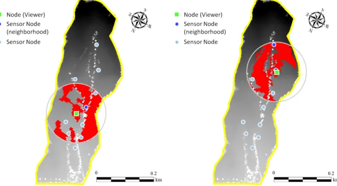 Fig. 10. Viewshed analysis on two node points (R = 100 m)