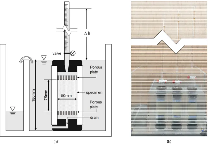 Fig. 4. Falling head permeability test: (a) Schematic drawing; (b) Photographic image