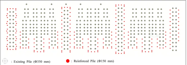 Fig. 2. Existing and reinforcing pile location for structural analysis of condominium remodeling with three floor vertical extension