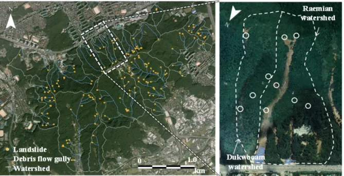 Fig.  12.  Landslide  inventories  around  Umyeonsan  (Mt.)  in  2011  (Jeong  et  al.,  2014)사항이 있으므로 해석결과에 영향을 주지 않은 적절한 크기를 결정하는 것이 중요하다