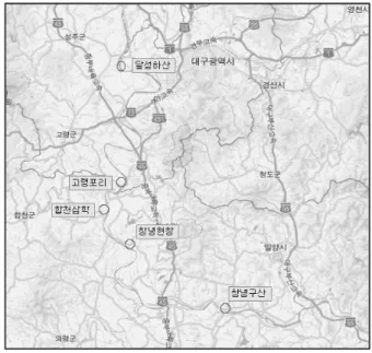 Fig. 1. Locations of aggregate dredging1.  서  론최근 4대강 살리기 사업의 일환으로 낙동강유역 여러 하천에서 토사를 준설하였으며,  하천의 위치나 채취 여건에 따라 약간의 차이는 있으나 대부분의 토사는 하저 또는 수중에서 펌프준설선을 이용하여 채취되었다
