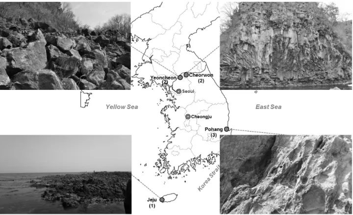 Fig. 2. Igneous basalt sites in Korea (raw material candidates for the Korean lunar simulant)매우 높은(10.5%)  반면 지구 토양은 대기 중 산소로 인해 광물 산화가 용이하여 FeO  함량보다는 Fe2O3함량이 높은 특징이 있다(Taylor et al., 2001)