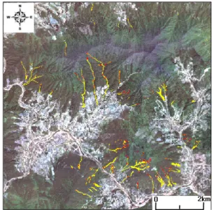 Fig. 7. Plane failure area (red) of 7,155 pixels (21.46%) in previous  landslide  area  (red+yellow)  of  33,334  pixels