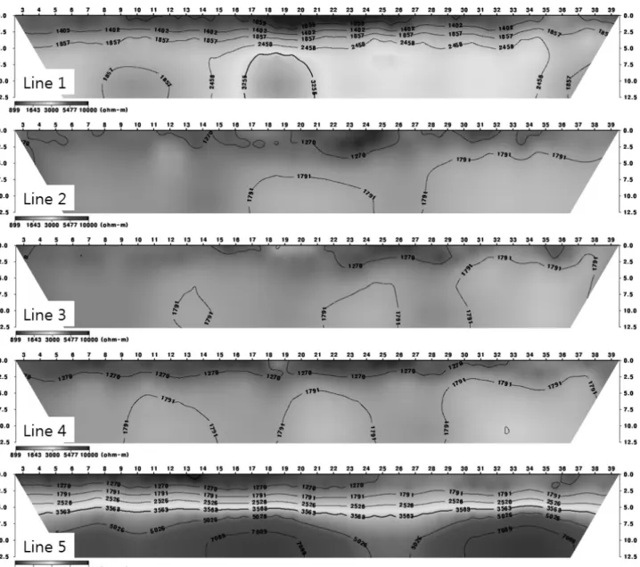 Fig.  5.  Electrical  resistivity  distribution  of  model  ground  with  respect  to  distance  from  the  model  box  wall델 상단을 덮는 형태로 간단하게 전극을 설치 할 수 있으며,  원심력을 가한 상태에서도 전극과 지반이 안정적인 접촉성 유지하는 장점이 있다