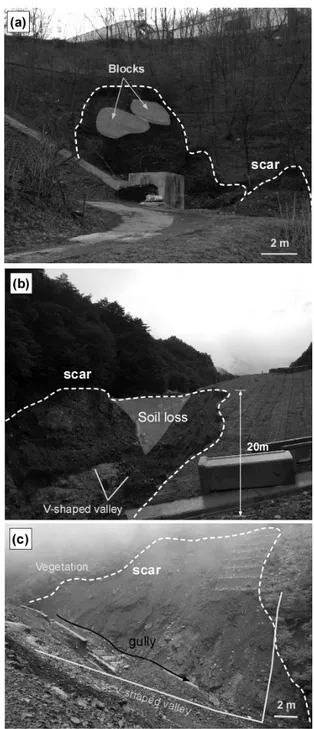 Fig.  1.  Rainfall-induced  mass  movements  in  vegatating  waste  dumps:  (a)  GangWon  Samcheok  site  1,  (b)  GangWon  Samcheok  site  2,  and  (c)  Gangwon  Taebaek