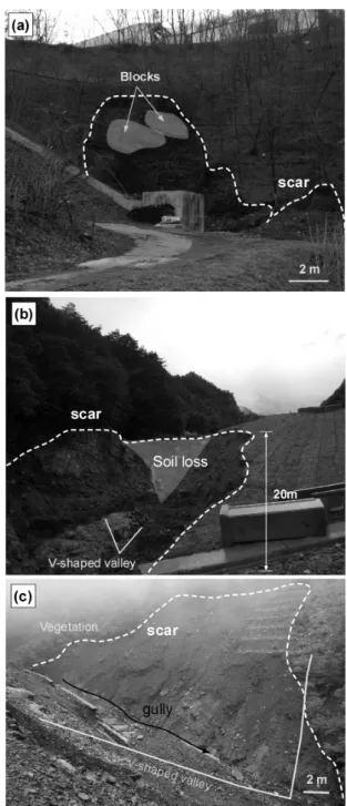 Fig.  1.  Rainfall-induced  mass  movements  in  vegatating  waste  dumps:  (a)  GangWon  Samcheok  site  1,  (b)  GangWon  Samcheok  site  2,  and  (c)  Gangwon  Taebaek
