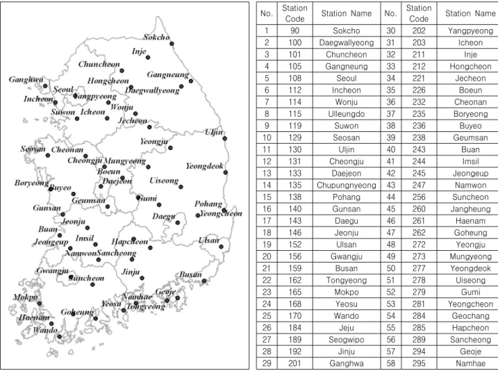 Fig.  1.  Location  of  58  sites  rainfall  observatories  and  their  station  code