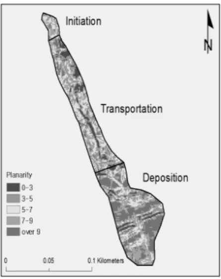 Fig.  4.  Distribution  of  the  Planarity  along  the  longitude  of  landslides