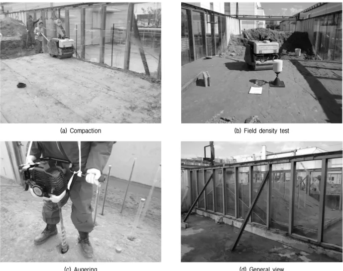 Fig.  3.  TDR  sensor  installation  and  general  view  of  experimental  embankment