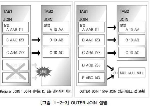 [그림  Ⅱ-2-3]은  TAB1  테이블이  TAB2  테이블을  JOIN  하되,  TAB2 의  JOIN  데이터가  있는  경우는  TAB2 의  데이터를  함께  출력하고,  TAB2 의  JOIN  데이터가  없는  경우에도  TAB1 의  모든  데이터를  표시하고 싶은 경우이다