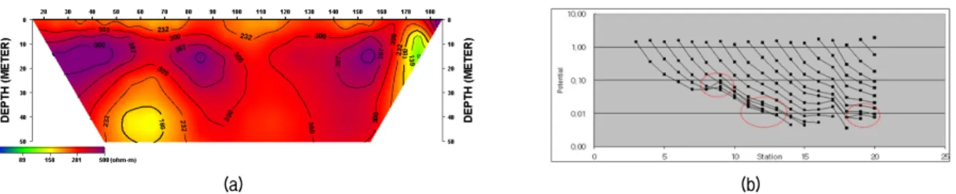 Fig. 2. Resistivity sections obtained from inversion of resistivity data set measured at August 9, 2010 (a) and potential drop curve (b),  respectively 다양한 상시관측 센서가 매설되어 있어 전기비저항탐 사의 측면에서 전기적 잡음 요소로 작용하게 된다