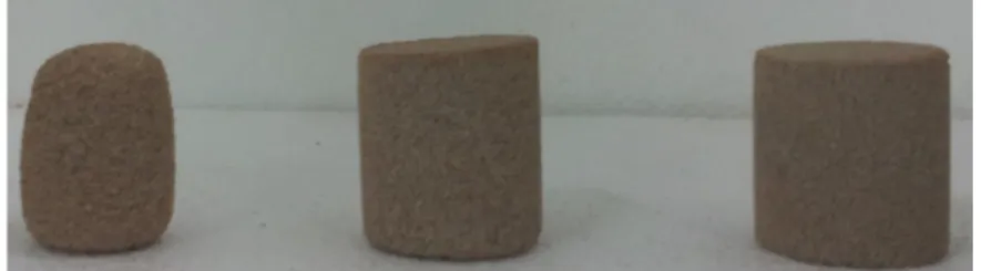 Fig.  7.  Under-water  cured  specimens  after  slaking  durability  tests  (CR  =  4,  8,  12%) (%))I*0908.0(EXP580.0)kPa(UCS = × d ( ultra )  (4) (%))I3305.0(EXP10175.2)kPa(UCS = × − 11 × × d ( ultra )  (5) 모래의 고결력이 낮은 공시체 (특히 시멘트비 4%)의  경우 슬레이크 내구성시험으로 