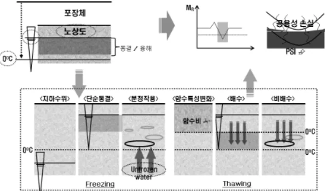 그림  1.  동결융해에  따른  포장체의  공용성  손실(권기철,  2002) 스렌즈를 형성하여 노상토의 불균등한 동결팽창을 초 래하며,  결국 포장구조체의 손상을 가져온다
