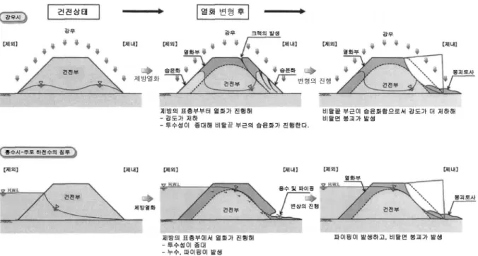 그림  1.  제체표면의  변형발생에서  제내비탈면  붕괴에  이르는  메커니즘의  모식도저하하며,  형상･외관 관찰 및 제체내 품질변화를 측정함으로써  변형정도를  파악할  수  있다고  한다(JICE, 2006)