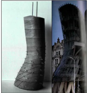 Figure 4. Model and Picture of National-Nederlanden 기본 컨셉 드로잉으로 시작하여 컨셉모델 제작과 컴 퓨터 모델링 작업, RP(Rapid Prototyping), 그리고 구조 계산과 함께 도면화 작업이 이루어져 최종 모형을 도출 하는 과정 거쳐 최종 건축물을 창조해 냈다