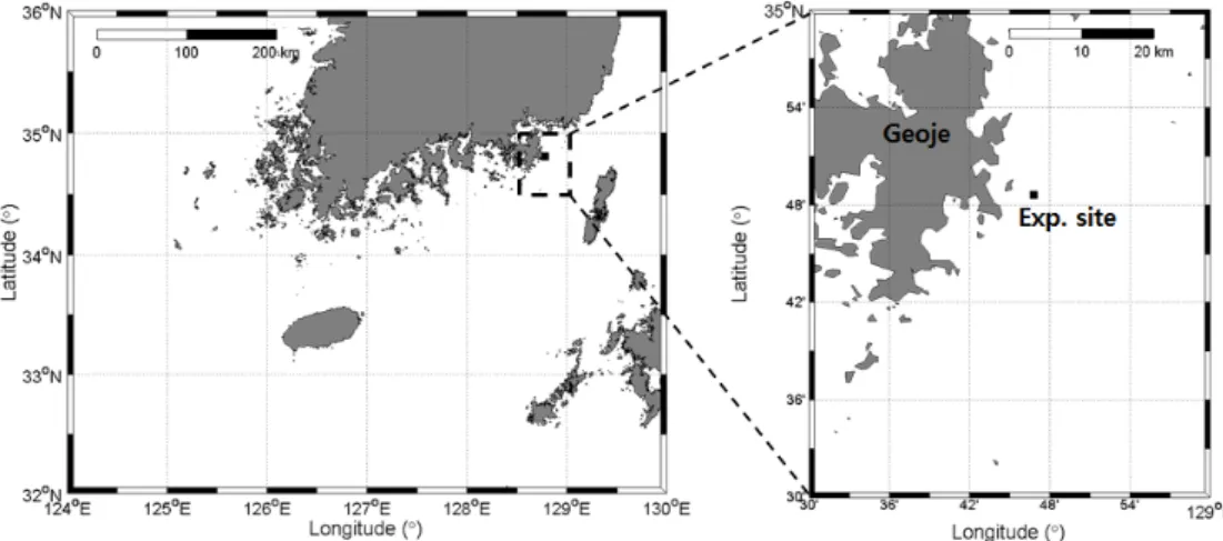 Fig. 1. Location of the experimental site.신된 반사 손실을 이용한 퇴적층의 두께 및 지음향 인자 역산,[2]해양에 존재하는 주변 소음의 수신 위상 정보를 이용한 하부 퇴적층 구조 역산[3] 등이 있다