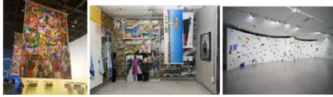 Figure 1. <Image Collected as Material> (왼쪽)노상호, <더 그레이트 챕북 II>, oil on canvas, 270×220cm, 2018 (가운데) 압축과 팽창, 'Honey and Tip' 전시 전경 ©난지레지던시 홈페 이지 (오른쪽)윤두현, <Mojave Day and Night>, 3.5x20m, 디 지털 프린트 후 벽에 부착, 2019 ©인천아트플랫폼 홈페이지 노상호 작가는 인스타,
