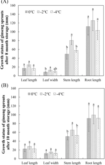 Fig.  3.  Growth  status  of  ginseng  sprouts  stored  at  0℃,  -2℃,  and  -4℃ storage  temperature  after  storage  of  (A)  8  and  (B)  10  months
