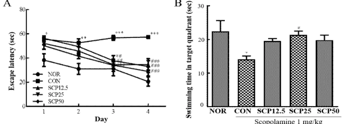 Fig. 3. Effects of Crataegus pinnatifida on the long-term, spatial reference memory of scopolamine-treated mice in Morris water maze test.