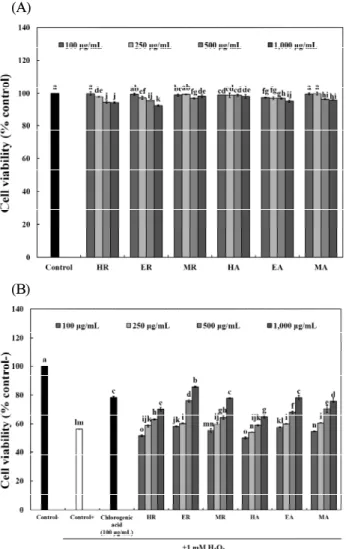 Fig. 4. MTT assay (A) and protective effects on cell viability against H 2 O 2 (1 mM) induced oxidative damage (B) in L-132 cell line of green coffee bean extracts.