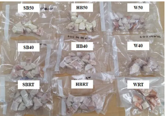 Fig. 3. Appearance of fresh-cut Dioscorea bulbifera treated in various blanching conditions prior to vacuum-packaging during storage (90 days at 2℃).