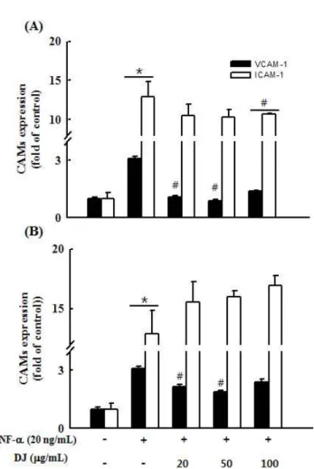 Fig. 3. Effect of DJ#3 and DJ#13 extracts on tumor necrosis factor (TNF)-α-induced CAMs production in human umbilical vascular endothelial cells (HUVECs).
