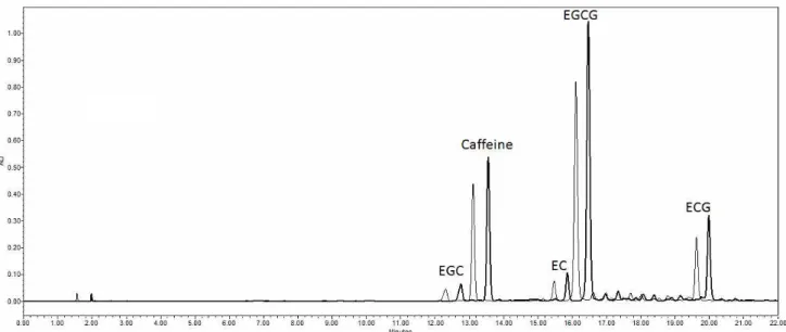 Fig. 4. HPLC profiels for catechin and caffeine of green tea extract and green tea ethanol re-extract (Thick line).