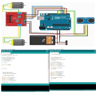 그림 1과 같이 RC카의 구성요소들은 아두이노 우노 (Arduino Uno) 보드, 모터 드라이버(L298N), DC모터 2 개, 초음파 센서(HS-SR04), 스위치, 건전지 홀더로 구 성된다