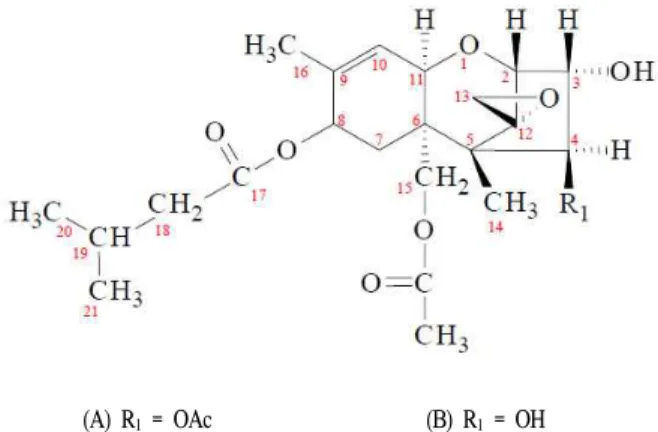 Fig. 1. Chemical structures of T-2 toxin (A) and HT-2 toxin (B).