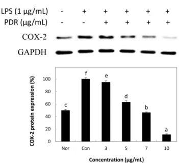 Fig. 3 Effect of the Pinus densiflora root (PDR) extract on NO and PGE 2  levels in RAW 264.7 cells