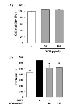Fig. 3 Effects of XCO on cell viability (A) and NO synthesis (B) in RAW 264.7 cells. (A) Cells were treated with or without XCO (25–100 µg/mL) for 24 h