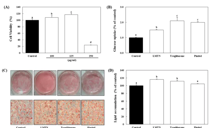 Fig. 2 Effects of LMTN extract on Oil-red-O staining (A) and lipid accumulation (B) with or without insulin in 3T3-L1 adipocytes