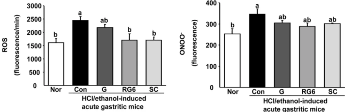 Fig. 2 Effect of red ginseng on oxidative stress biomarker level of serum in HCl/ethanol-induced acute gastritic mice