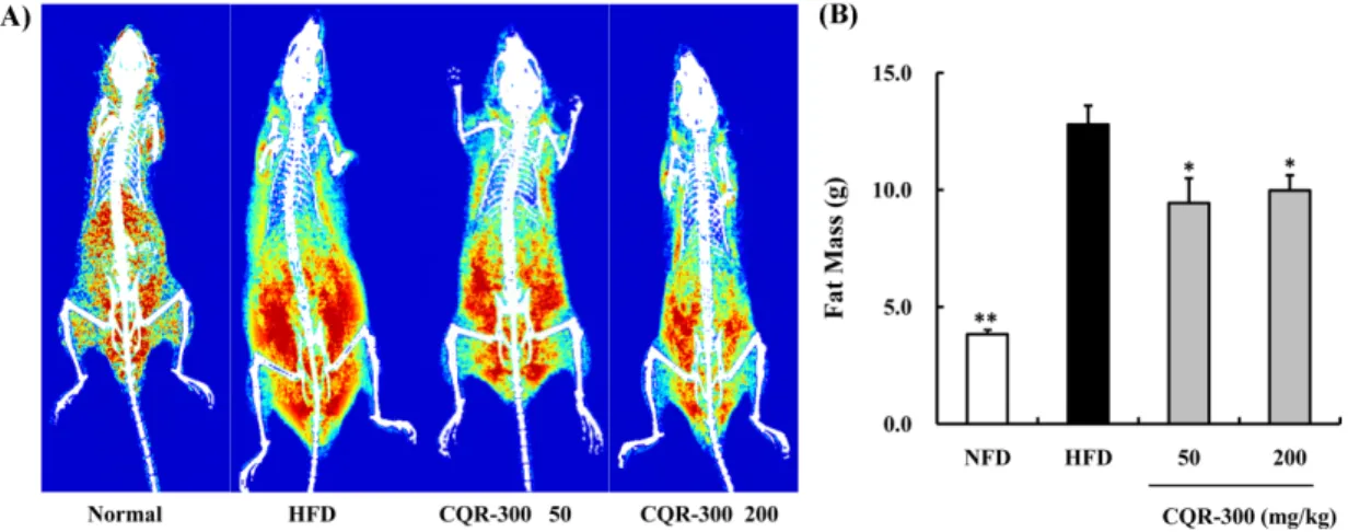 Fig. 5 Image for body fat of each group mice by using dual X-ray absorptiometry and calculation of fat mass on normal, HFD, HFD with CQR-300 50 and 200 mg/kg