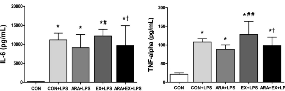 Fig. 2 Effects of the arabinoxylan (200 mg/kg) and exercise training on IL-6 and TNF-α in LPS-stimulated rats